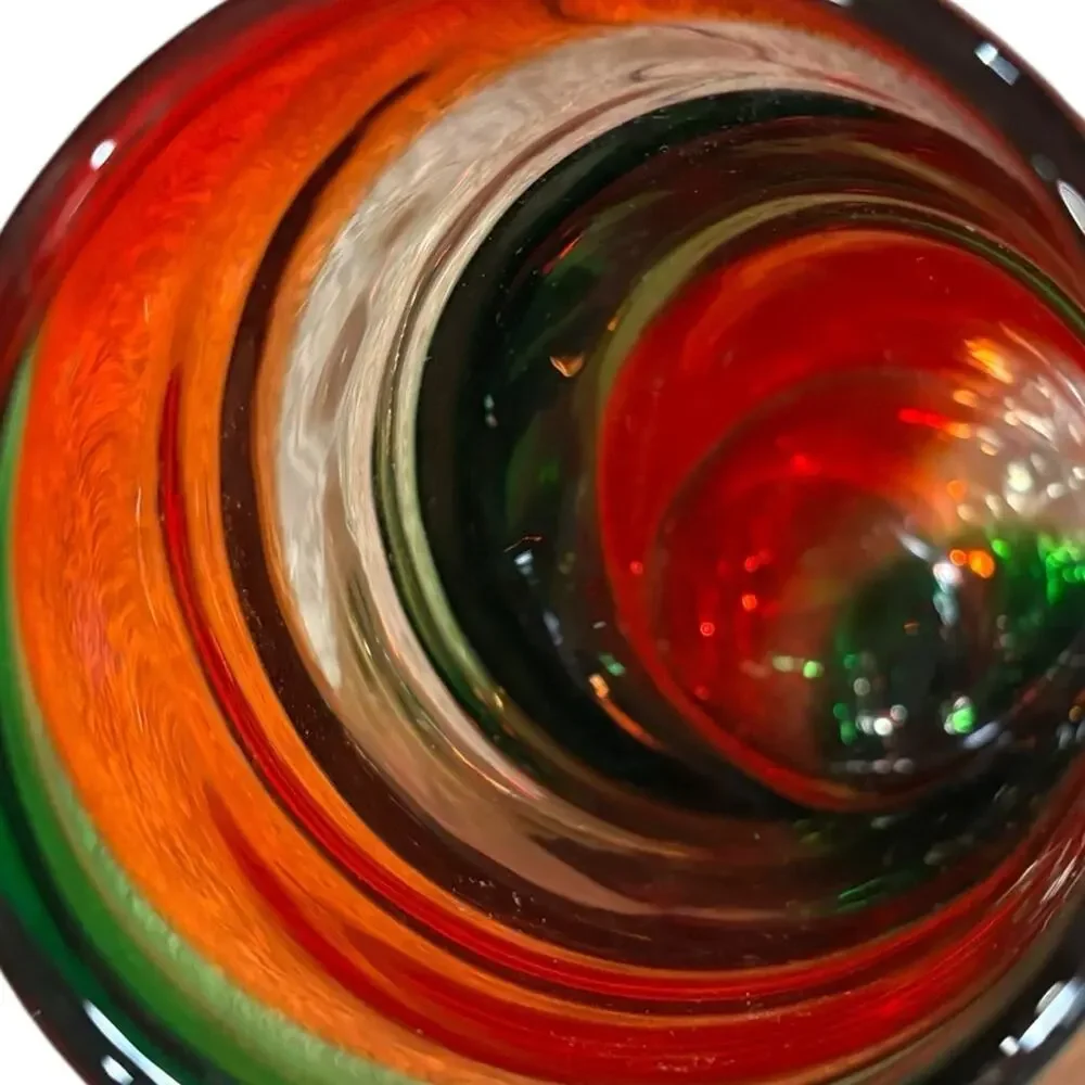 Art Glass Hand Blown Swirl Vase Red Green Clear 12